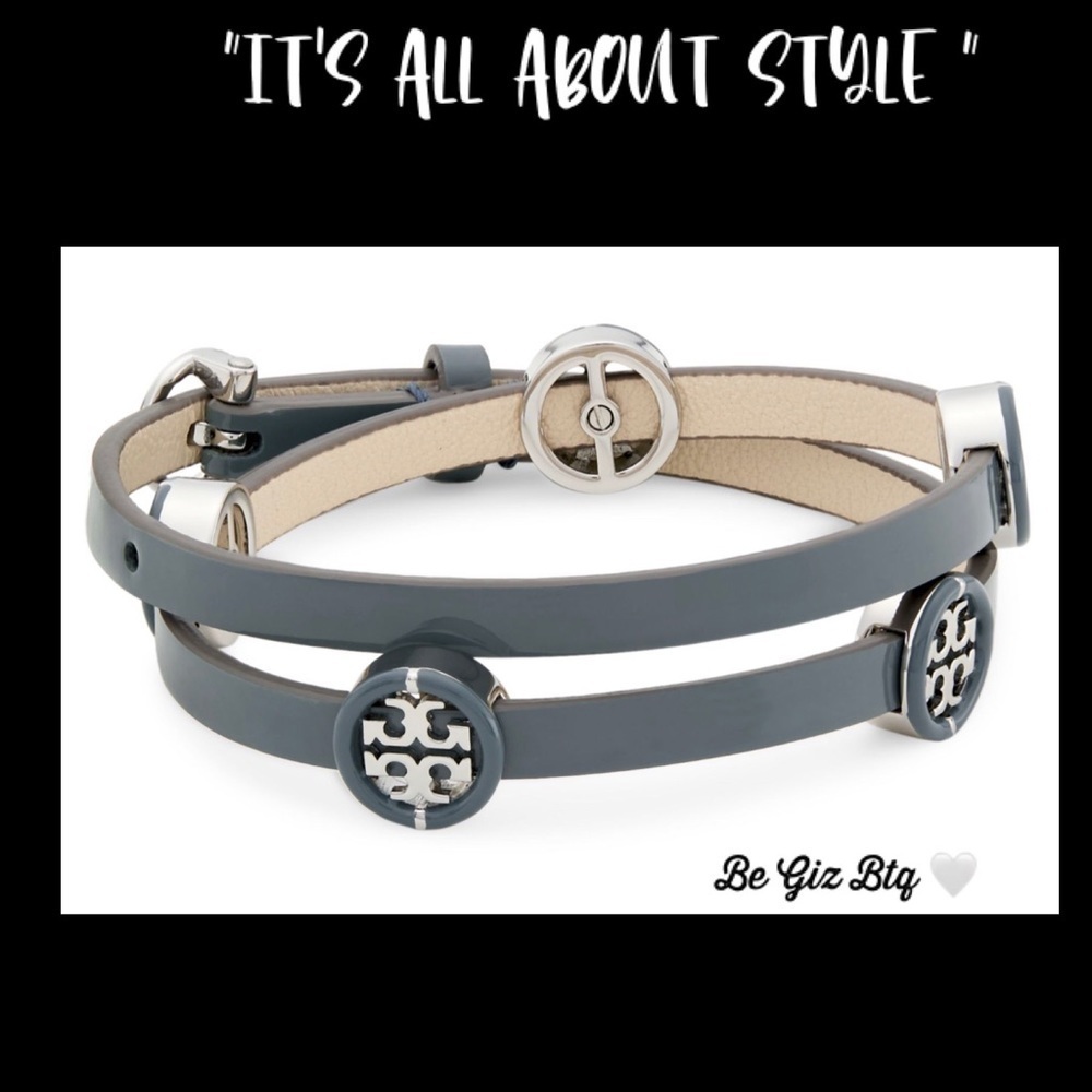 🆕Tory Burch Authentic Miller Silver & Leather Blue Enamel Double Wrap Bracelet